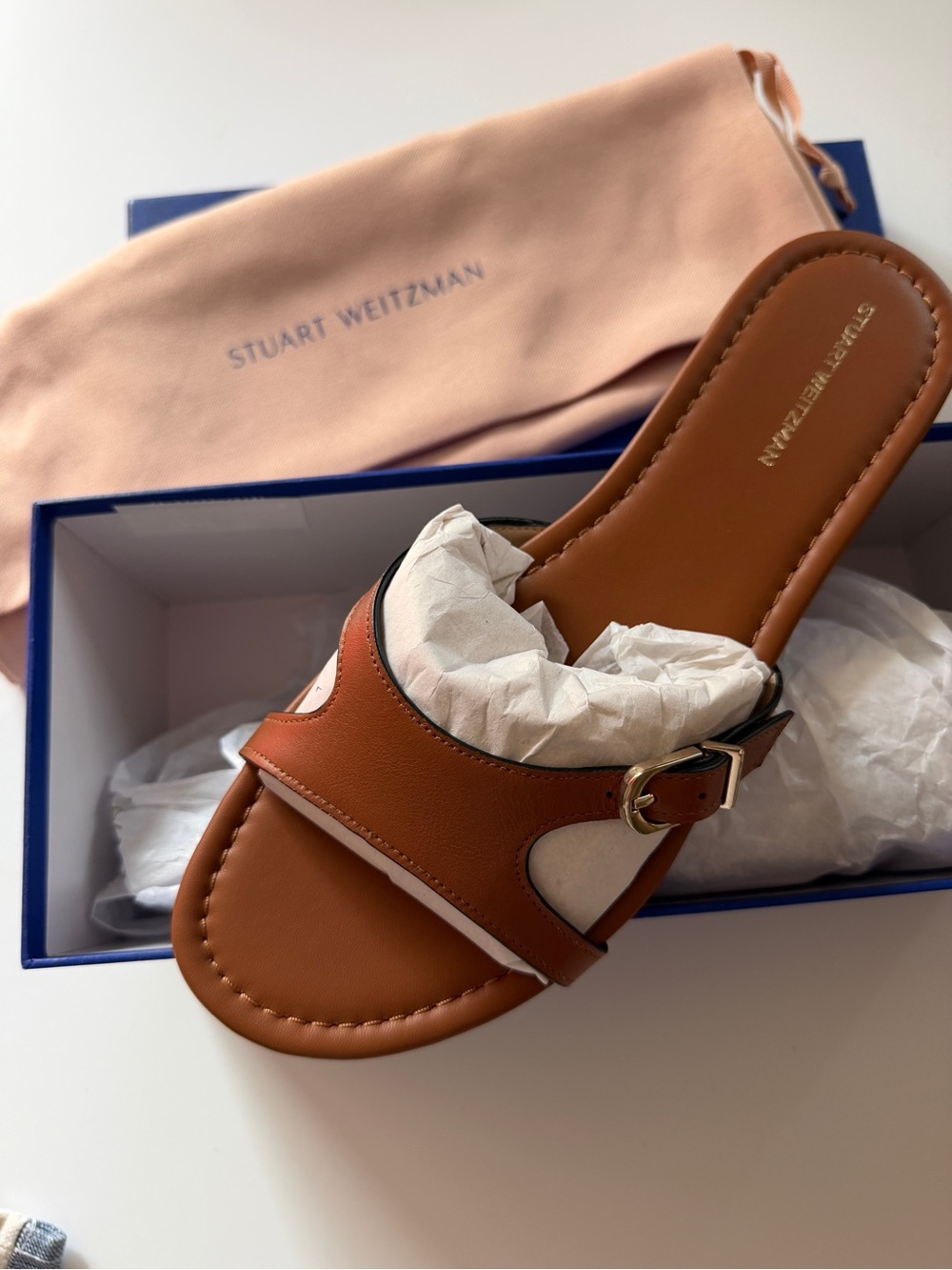 Stuart Weitzman Tan Brown Leather Buckle Slide Sandals - Picture 2 of 4